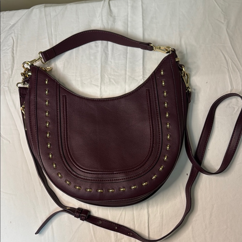 INC International Concepts Burgundy Studded Hobo Crossbody Bag - Picture 2 of 10